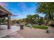 Desert landscaped backyard featuring a pristine pool, lawn area, mature trees and a barbecue grill at 6765 E Duane Ln, Scottsdale, AZ 85266