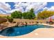 Sparkling backyard pool surrounded by mature trees and desert landscaping, offering a private oasis at 9938 E Little Nugget Way, Gold Canyon, AZ 85118