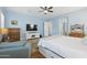 Spacious main bedroom with blue walls, ceiling fan, and ensuite bathroom at 10154 E Bergeron Ave, Mesa, AZ 85212