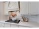Well-equipped kitchen featuring custom cabinetry, white countertops, tiled backsplash, and a stainless steel range hood at 18868 E Mockingbird Dr, Queen Creek, AZ 85142
