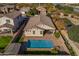 Aerial view of a backyard oasis with a refreshing pool, covered patio, and well-maintained landscaping and fencing at 20765 E Raven Dr, Queen Creek, AZ 85142