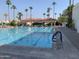 Resort-style pool with tiled deck, palm trees, and cabanas for relaxing by the water at 1010 N Osprey Ct, Gilbert, AZ 85234