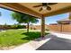 Inviting backyard with well-maintained lawn, mature tree, covered patio, and block wall at 18658 N Tanners Way, Maricopa, AZ 85138