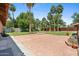 Expansive backyard with brick patio, mature palm trees, and a charming fountain feature at 20 W Pasadena Ave, Phoenix, AZ 85013