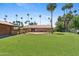 Large backyard with green lawn, palm trees, and a brick patio extending from the house at 20 W Pasadena Ave, Phoenix, AZ 85013