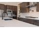 Up close view of modern kitchen with stainless appliances, a white island with sink, and gray backsplash at 3824 W Lodge Dr, Laveen, AZ 85339