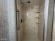 Close-up of a tile shower featuring built-in shelves and a handheld shower head at 4537 E Emelita Ave, Mesa, AZ 85206