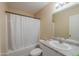 Bathroom featuring vanity with granite countertop, white shower curtain, and neutral walls at 1652 E Judi St, Casa Grande, AZ 85122