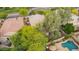 Backyard aerial view featuring a private swimming pool, lush landscaping, and a patio area for outdoor living at 2610 E Leiber Ln, Phoenix, AZ 85024