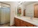 Well-lit bathroom featuring a double sink vanity with wood cabinets and decorative accents at 35206 N 27Th Ave, Phoenix, AZ 85086