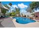 Private backyard oasis featuring a sparkling blue pool, mature landscaping, and lounge seating, perfect for relaxation at 420 S Dodge Dr, Chandler, AZ 85225