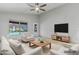 Bright living room with a view of the pool, featuring comfortable white furniture and a ceiling fan at 1962 E Morrow Dr, Phoenix, AZ 85024