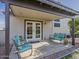 Covered patio with comfortable seating and a well-maintained artificial grass yard at 2550 E Caballero St, Mesa, AZ 85213