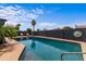 Sparkling pool with baja shelf, palm trees, and serene desert landscaping for relaxing outdoor living at 3824 W Carol Ave, Phoenix, AZ 85051