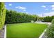 Expansive backyard featuring lush green lawn, trimmed hedges, and a patio for entertaining at 8425 E Bonnie Rose Ave, Scottsdale, AZ 85250