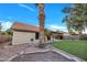 The backyard features artificial grass, a palm tree, a low block wall and a covered patio at 1142 E Encinas Ave, Gilbert, AZ 85234