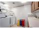 Bright laundry room features tile floors, washer, dryer, storage, and a sink with paper towels at 1625 E Monte Cristo Ave, Phoenix, AZ 85022