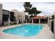 A refreshing swimming pool area featuring comfortable lounge seating, shaded tables, and well-maintained landscaping at 1927 E Hampton Ave # 208, Mesa, AZ 85204