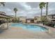Community swimming pool and spa area surrounded by tall palm trees on an overcast day at 2821 S Skyline Dr # 149, Mesa, AZ 85212