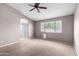 Spacious bedroom with a ceiling fan, neutral carpet, and a large window for natural light at 3002 S Marigold Pl, Chandler, AZ 85248