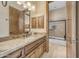 Bathroom features a single sink, wooden cabinetry, and a walk-in shower at 3217 N Piedra Cir, Mesa, AZ 85207