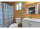 Bathroom featuring blue patterned shower curtain, toilet, mirror, and white countertop vanity with a sink at 5519 W Campbell Ave, Phoenix, AZ 85031