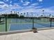 View of blue and green tennis courts surrounded by lush palm trees against a bright sky in a well maintained community at 7750 E Broadway Rd # 123, Mesa, AZ 85208
