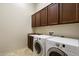Laundry room with a utility sink, overhead cabinets, and white front load washer and dryer at 8234 E Inca St, Mesa, AZ 85207