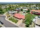 A high angle aerial view of a red roof home with a pool, mature landscaping, and a green lawn at 8907 N 85Th Way, Scottsdale, AZ 85258