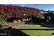 Artificial turf and garden area with brick retaining wall, lush flowers, and a small palm tree at 1361 N Claiborne --, Mesa, AZ 85205