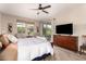 This spacious bedroom features a ceiling fan, large windows with a view, and a wooden dresser with a TV at 1361 N Claiborne --, Mesa, AZ 85205