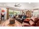 Comfortable living room with large sliding doors, leather furniture, and ceiling fan at 1361 N Claiborne --, Mesa, AZ 85205