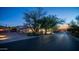 Street view of the community showing desert landscaping, trees, and well-maintained paved roads at twilight at 7130 E Saddleback St # 58, Mesa, AZ 85207