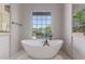 Bright bathroom featuring a soaking tub, marble counters, and a large window with views of the backyard at 14619 E Desert Vista Trl, Scottsdale, AZ 85262