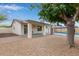 Backyard with a covered patio, pool area surrounded by gravel, and a mature shade tree at 2006 N Arrowhead Dr, Chandler, AZ 85224
