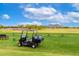 Golf course with a golf cart, manicured greens, and mountain views in the background at 20642 N 268Th Dr, Buckeye, AZ 85396