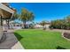 Expansive backyard features lush green lawn, mature trees, rock landscaping, and storage shed at 3822 E Florian Ave, Mesa, AZ 85206