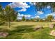 Community green space featuring lush grass, shade trees, and rock details at 10352 E Sebring Ave, Mesa, AZ 85212