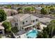Aerial view showcasing a backyard pool, covered patio, and ample green space in a residential neighborhood with mountain views at 5402 E Helena Dr, Scottsdale, AZ 85254