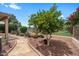 Landscaped backyard with desert plants, a stone path, and scenic community views beyond the fence at 11553 W Cottontail Ct, Surprise, AZ 85378