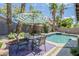 Backyard pool with patio furniture surrounded by palm trees at 15848 W Calavar Rd, Surprise, AZ 85379
