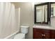 Bright bathroom features a vanity with a dark wood cabinet and a framed mirror, along with a shower and toilet at 17128 N Princess Pl, Surprise, AZ 85374