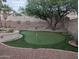 Landscaped backyard featuring a putting green, gravel, mature trees, and a perimeter wall at 20677 N 16Th Way, Phoenix, AZ 85024