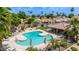 Stunning community pool featuring comfortable lounge chairs, lush tropical landscaping, and a covered outdoor seating area at 6597 N 79Th Pl, Scottsdale, AZ 85250