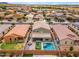 Aerial view showcases a home with a private pool, covered patio, and neatly fenced backyard oasis at 2322 E Mews Rd, Gilbert, AZ 85298