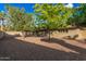 Wide gravel backyard showcases the home's exterior, featuring trees, neutral tones, and an open, spacious design at 3710 E Mercer Ln, Phoenix, AZ 85028