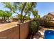 Landscaped backyard featuring lush trees, well-maintained grass, playground structure, and brick perimeter wall at 5401 S Dove Holw, Buckeye, AZ 85326