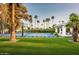 Beautiful sports court with palm trees and lush landscaping on a well-manicured lawn at 9733 E Clinton St, Scottsdale, AZ 85260