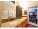 Bright bathroom with a shower, dual sinks with granite counters, and a walk-in closet for extra storage at 15245 W Crocus Dr, Surprise, AZ 85379