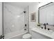Contemporary bathroom with sleek fixtures, a marbled shower, and ample vanity space at 17019 E Calaveras Ave, Fountain Hills, AZ 85268